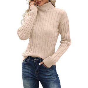 Women Classic Fit Lightweight Cable Long Sleeve Mockneck Apricot Casual Sweater